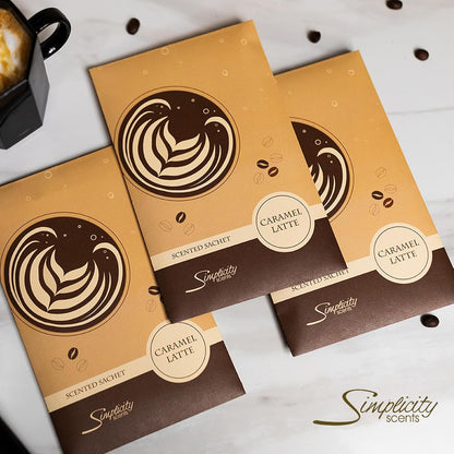 Floral Simplicity Caramel Latte Scented Sachets Pack of 3, Fall & Winter - Long-Lasting Scented Bags, Home Fragrance, Air Freshener & Deodorizer for Closet, Room, Drawer, or Cars, Made in The USA