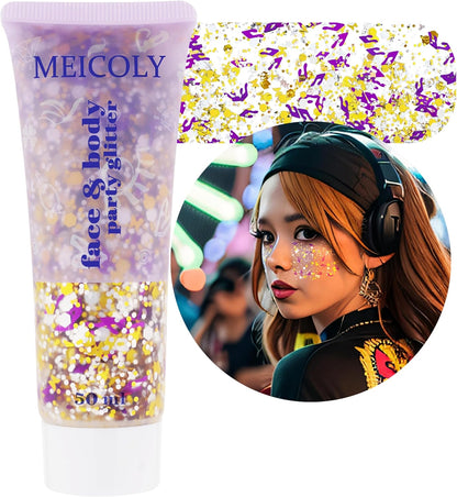 MEICOLY Face Glitter Makeup for Music Festival,Country Concert Outfits for Women,Gold Silver Purple Body Glitter,Music Festival Country Concert Accessories,Glitter Face Paint for Music Festival,50ml