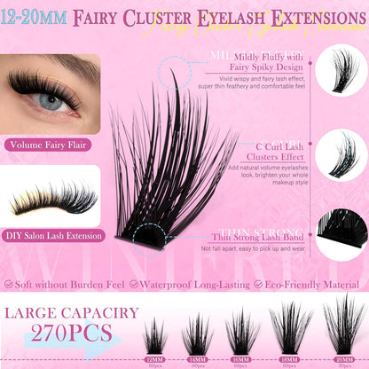 Winifred Lash Clusters Kit Fairy Eyelash Clusters with Spikes Wispy Lash Extension Kit Natural Cluster Eyelash Extensions C Curly Anime Individual Lashes Kit Lash Bond and Seal Tweezers (12-20mm)