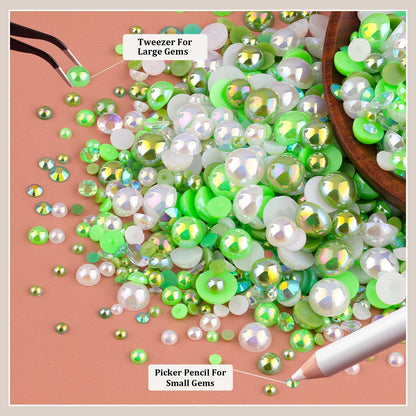 80g Flatback Pearls and Rhinestones for Crafting, Green 3-10mm Resin Rhinestones and Half Pearls for Bedazzling, Nail Art and Dec with 3pcs 10ml B7000 Jewelry Glue, Tweezer and Pickup Pencil