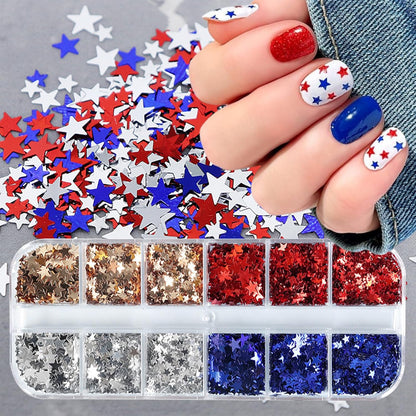 12 Grids Independence Day Nail Sequins，3D Holographic Nails Glitter Laser Star Nail Shining Flakes for Fourth of July Five-Pointed Star Mixed Sequins for America Patriotic Face Makeup Nail Decoration