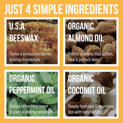 Dooey's Bees All Natural Handmade Beeswax Based 4 Ingredient Lip Balm, Peppermint 4 Count