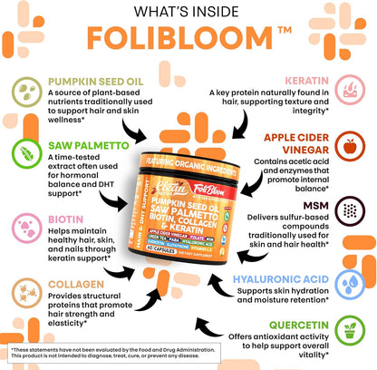 Clean Nutra Pumpkin Seed Oil Saw Palmetto Biotin Collagen Keratin MSM Folate Hyaluronic Acid Supplements B12 Zinc Hair Supplement for Women Men Iodine 5-MTHF B-12 Vitamin B9-60 Vegan Capsules Count