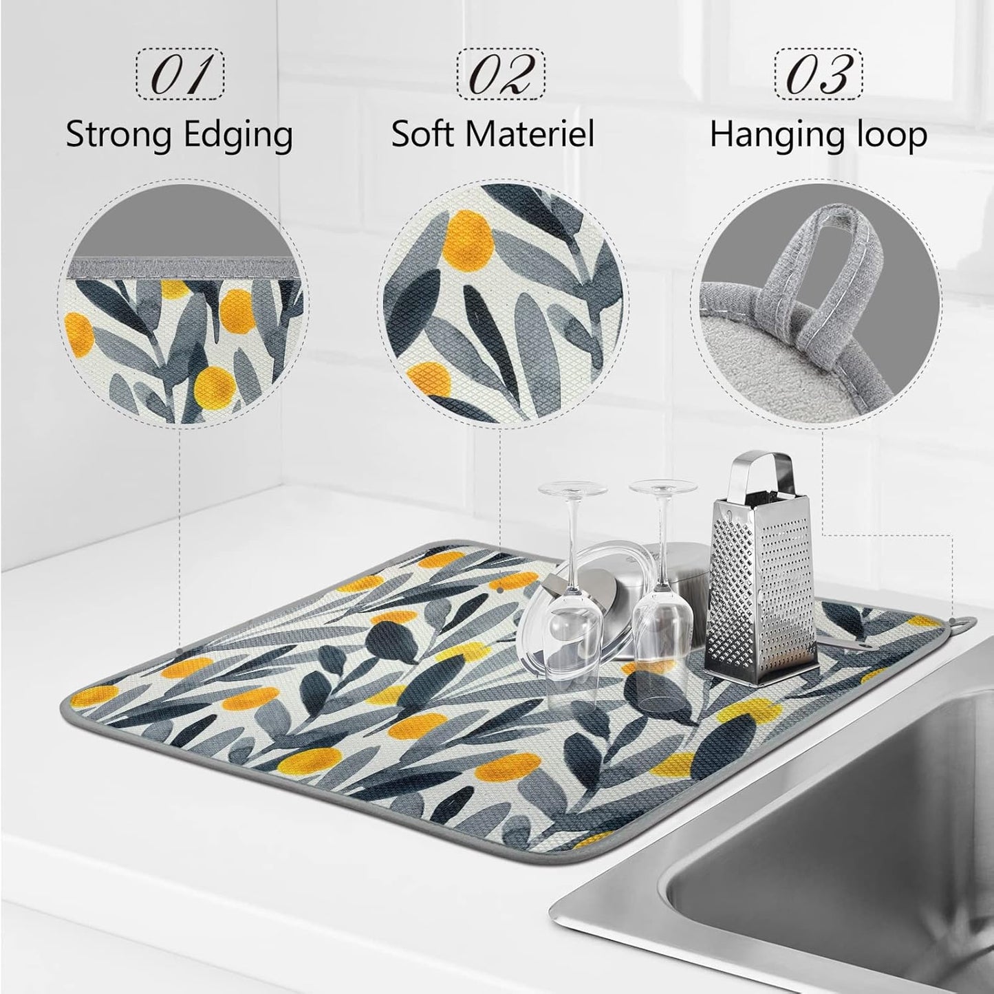SHIYUE Dish Drying Mat for Kitchen Counter Super Absorbent Spring Kitchen Decor Microfiber Drying Matainers Rack Fast Pad Dish Drainer Mats(Watercolor Leaves,18''x24'')