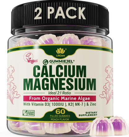 2 Pack - Plant Based Calcium Gummies 600mg with Vitamin D3 K2, Magnesium, Zinc for Bone Strength, Sugar Free Calcium Supplements for Women & Men (Certified Vegan) from Sustainably Organic Red Algae