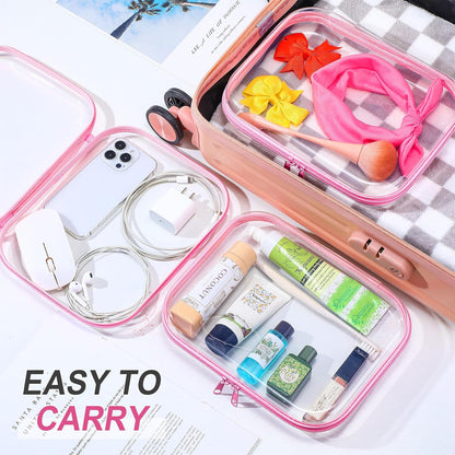 Sanwuta 6 Pcs Clear Hard Zipper Case Pencil Pouches Hard Plastic Zipper Pouches Makeup Bag Transparent Cases for Snacks Plastic Storage Organizer Box for Travel(Pink,9.84 x 7.87 x 2 Inch)