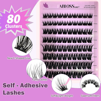 Self Adhesive Eyelashes Kit 80Pcs D Curl Press on Lashes Reusable Self Adhesive Lashes No Glue No Remover Needed DIY Lash Extension Kit with Tweezers for Beginners(10-16mm)