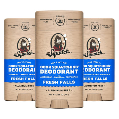 Dr. Squatch Natural Deodorant for Men - Odor-Squatching Aluminum Free - Fresh Falls (2.65 oz, 3-Pack)