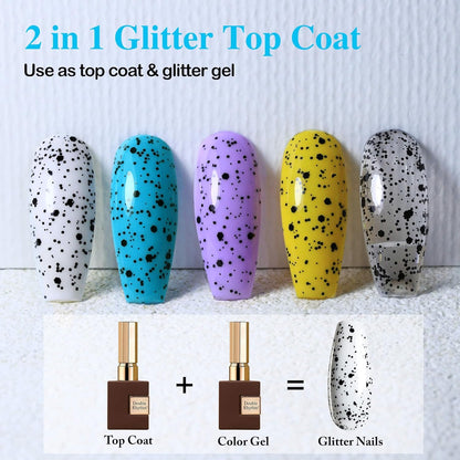 Double Rhythm 15ML No Wipe Gel Top Coat Base Coat Iridescent Glitter Shimmer 2 in 1 Nail Polish Soak Off Manicure DIY Home Salon (Eggshell Top Coat-2)