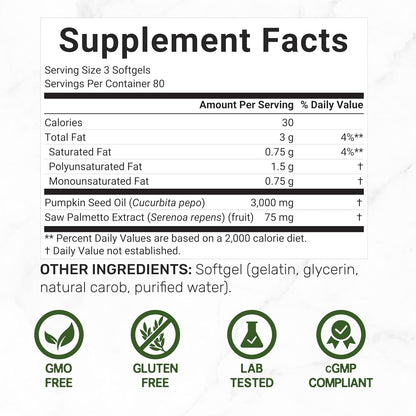 Pumpkin Seed Oil 3,000mg with Saw Palmetto, 240 Softgels – Cold Pressed Extract with Virgin Oil – Supports Prostate Health & Normal Urinary Frequency – DHT Blocker for Hair Growth – Non-GMO