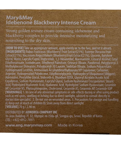 Mary&May Idebenone Blackberry Cream | Antioxidant Korean Moisturizer with 5 Ceramides & Hyaluronic Acid | Skin Barrier Repair & 48H Hydration | For All Skin Types (70g/2.46oz)