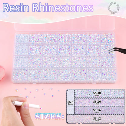 30000Pcs Resin Rhinestones for Bedazzling with 3Pcs B7000 Jewelry Glue, White AB Flatback Gems Rhinestones for Crafting, Clothing Tumblers Mugs Shoes Fabric Decor Nail Art