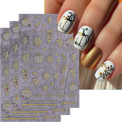 3 Sheets Fall Gold Nail Stickers for Nail Art Cute Gold Pumpkin Nail Decals Autumn Maple Leaf Nail Art Stickers 5D Self-Adhesive Glitter Thanksgiving Day Nail Decoration for Women Nails Design