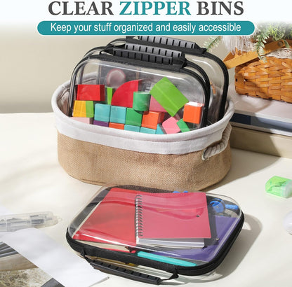 Sanwuta 4 Pcs Clear Hard Zipper Case with Handle Office Storage Cases Hard Plastic Pouches Transparent Bins for Crafts, Pencils, Snacks, Cosmetics, Puzzles(9.8 x 7.9 x 2 Inches,Black)