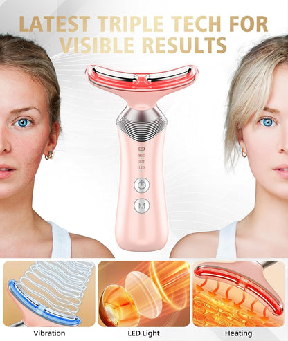 9-in-1 Red-Light-Therapy-for-Face-and-Neck, Portable Facial Massager Tool with Adjustable Vibration & Thermals for Wrinkles, Double Chin, Pink
