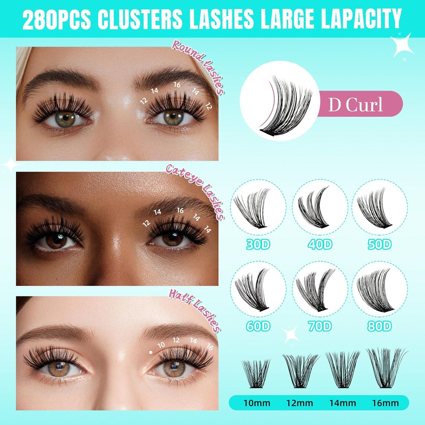 Lash Clusters Wispy 280PCS Eyelash Extension 50D Cluster Lashes Individual Lashes DIY Lash Extension Natural Look Cluster Eyelash Extensions Soft False Eyelashes at Home for Beginners(16mm)