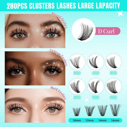 Lash Clusters Wispy 280PCS Eyelash Extension 40D 50D Cluster Lashes Individual Lashes DIY Lash Extension Natural Look Cluster Eyelash Extensions Soft False Eyelashes at Home for Beginners(12mm)