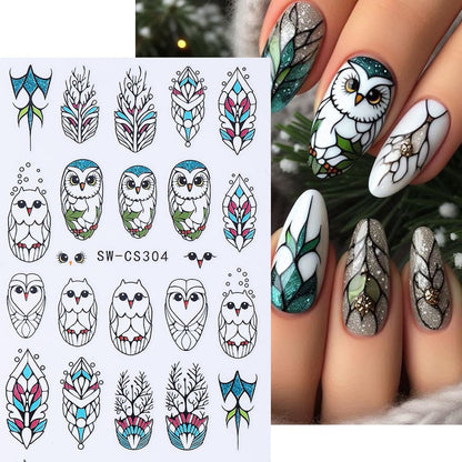 4pcs Christmas Nails Stickers Silver Glitter Leaves Line Owl Nail Art Design 3D Self-Adhesive Nail Decals Xmas Nail Sticker DIY Autumn Winter Manicure Art Supplies Decoration Accessories