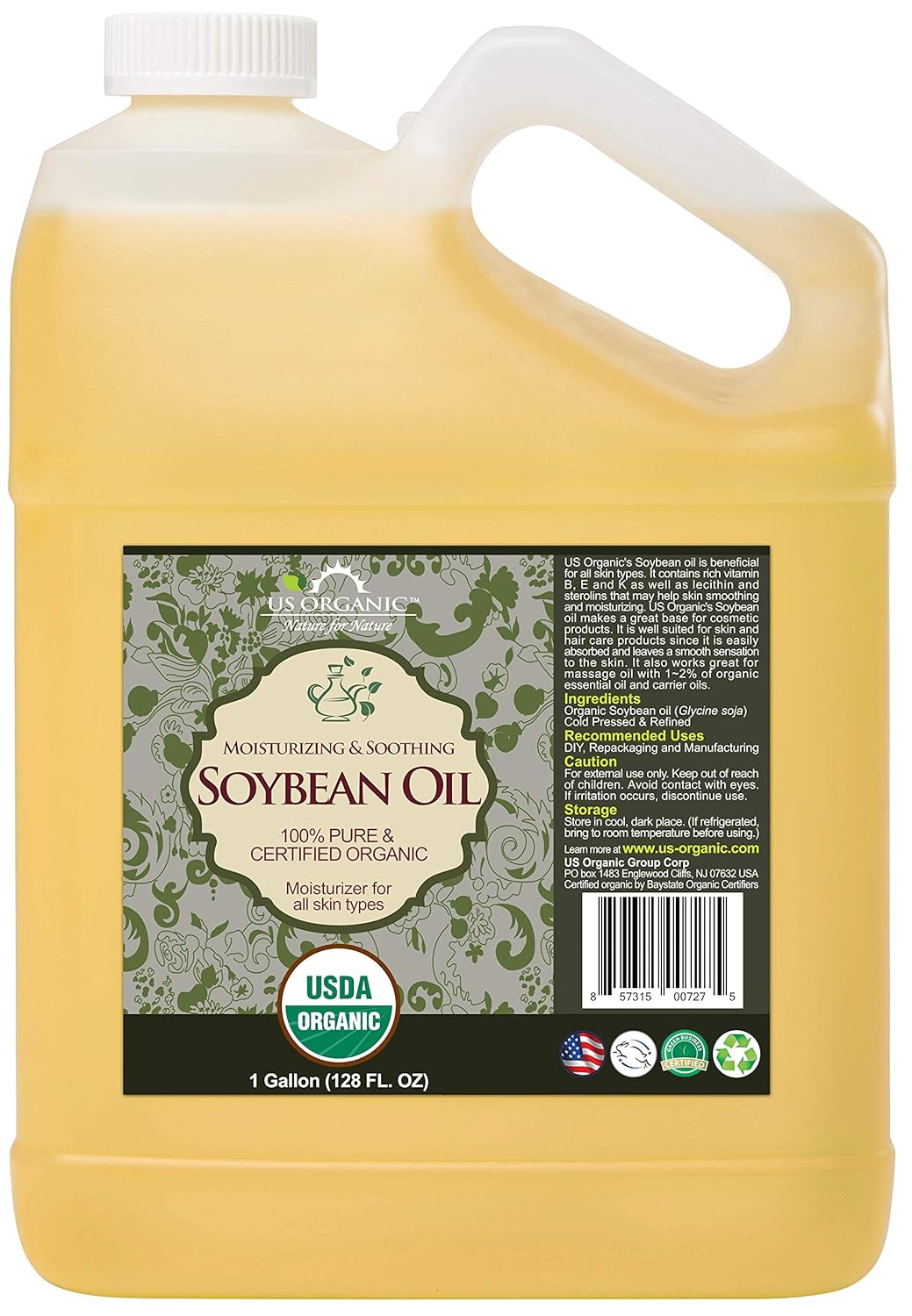 US Organic Soybean Oil bulk pack, USDA Certified Organic,100% Pure & Natural, Cold Pressed, Non GMO, Size for DIY and small manufacturers (128 oz (1 Gallon))