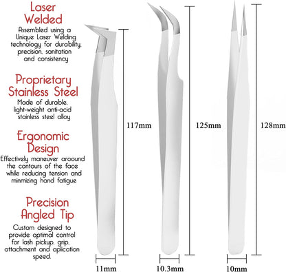 SIVOTE Lash Tweezers for Eyelash Extensions, Hand Calibrated Straight & Curved Tip, Pack of 3, White