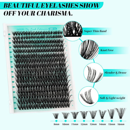 Lash Extension Kit 320Pcs,DIY Individual Lashes Clusters Kit,Lash Bond And Seal,Lash Remover For Eyelashes Extensions,Lash Applicator Tool For False Eyelash Cluster Kit At Home(50D,D-Mix9-16mm Kit)