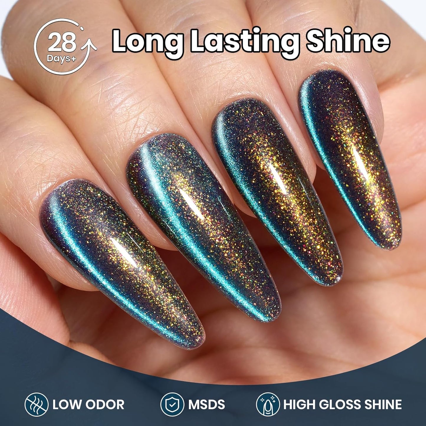 Beetles Cat Eye Gel Polish, 15ML Blue Purple Cat Eye 9D Holographic Glitter Magnetic Gel Nail Polish Rainbow Color Soak Off UV Mermaid Tears Series French Nail Art Manicure Gift for Women