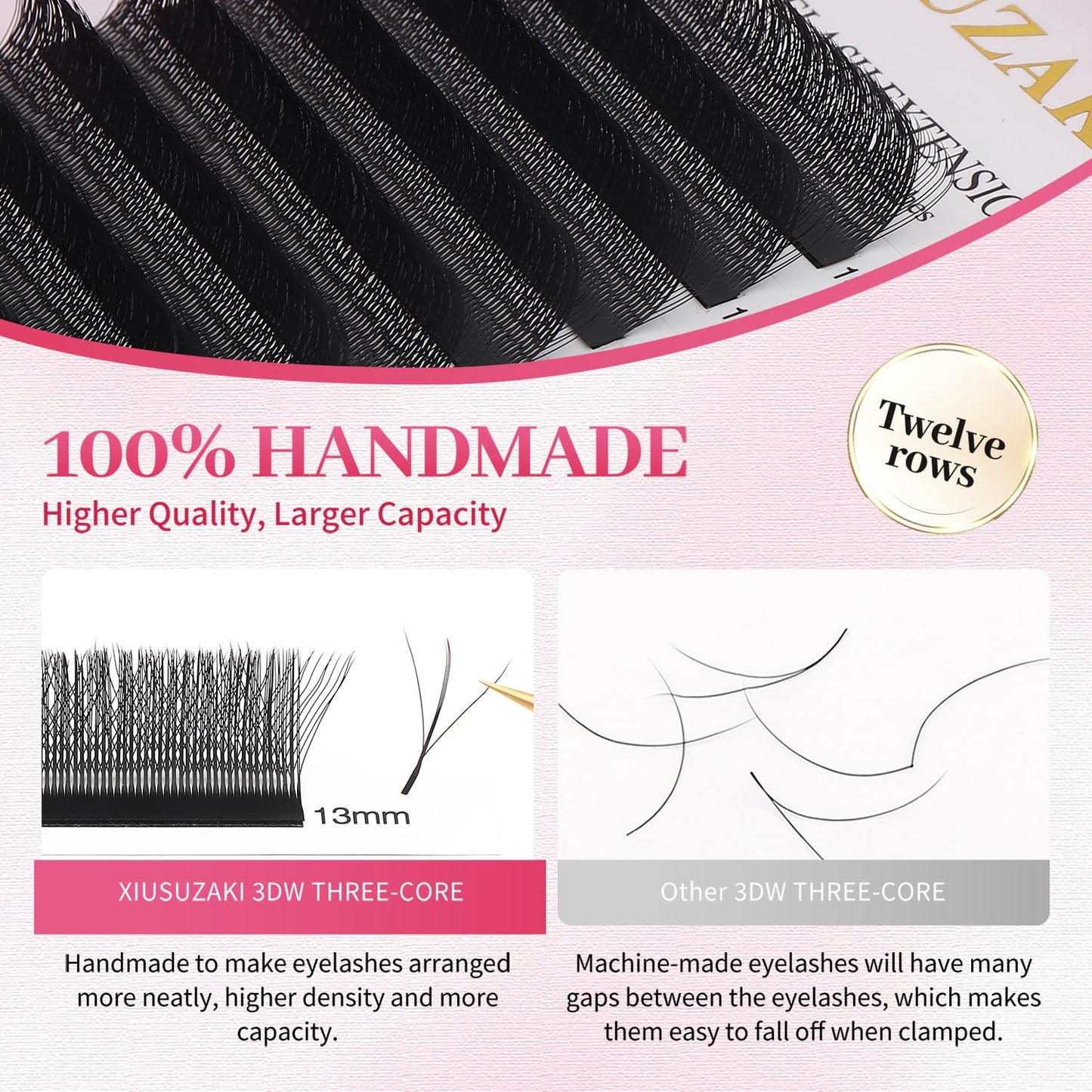 Lash Extensions Three Core Tips 3D Eyelash Extensions W Shape 0.07mm Thickness D Curl 14mm Premade Fans Easy Fan Volume Lashes Matte Black Crisscross(W-3D-Three Core-0.07-D,14mm)