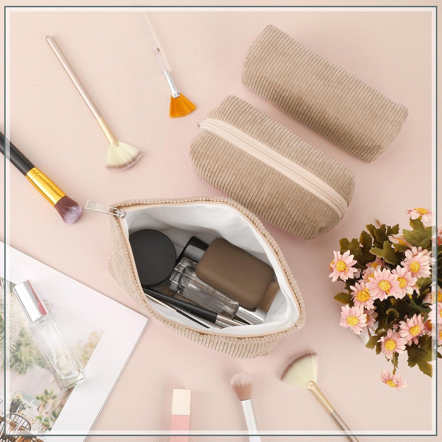 3 Pcs Makeup Bag Set for Women Corduroy Cosmetic Pouch Aesthetic Smile Travel Toiletry Bag Cute Purse Pouch Pencil Case Makeup Brushes Storage Organizer for Christmas(Khaki,Solid Style)