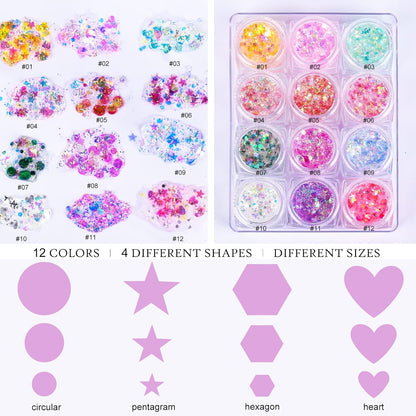 Ownest 12 Colors Holographic Chunky Glitter Gel Set, Christmas Party Makeup Face Body Eye Lips Hair Nail Cosmetic Festival Chunky Glitter Eyeshadow, Mixable, No Need Glue