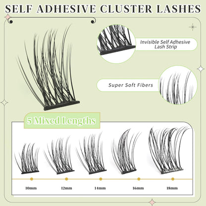 Self Adhesive Eyelash Clusters Press On Lashes, Self Adhesive Eyelashes No Glue Needed Lash Extension Reusable Wispy DIY Eyelash Extensions D curl Pre Glued Cluster Lashes 10-18mm(Y02 72Pcs)