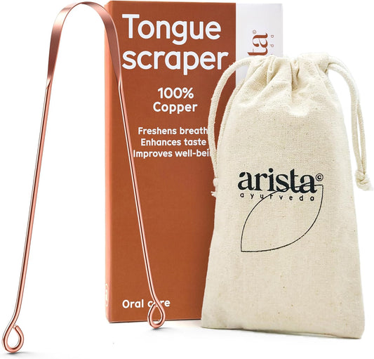 Arista Copper Tongue Scraper for Adults & Kids – 100% Pure Copper Tongue Cleaner – Extreme Bad Breath Treatment for Adults, Oral Detox & Hygiene – 1 Pack with Travel Pouch