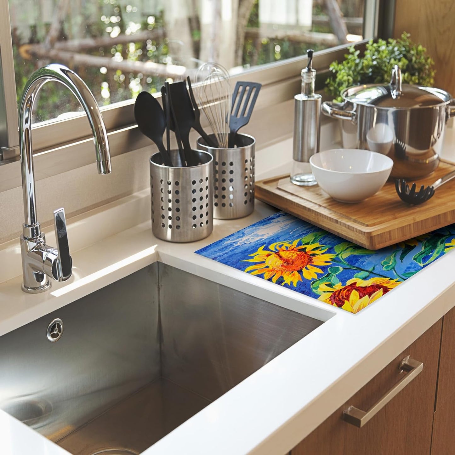 Sunflowers Dish Drying Mat,Modern Art Drying Rack Pad Countertop Dishes Ultra Absorbent Microfiber Kitchen Counter Mat for Coffee Countertop Decor 18x24 Inch