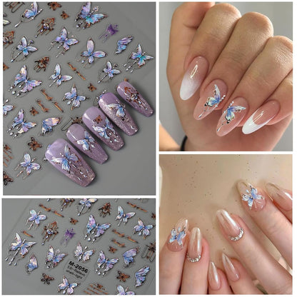 6 Sheets Butterfly Nail Art Stickers Decals 5D Embossed Nail Decals Spring Blue Pink Butterfly Nails Design Self-Adhesive Accessories 3D Nails Stickers for Women