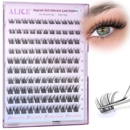ALICE Self Adhesive Lashes Natural Look Self Adhesive Lash Clusters Wispy Reusable Press on Lashes Pre-Glue 8-14mm 120pcs C-Curly No Glue Needed Eyelashes