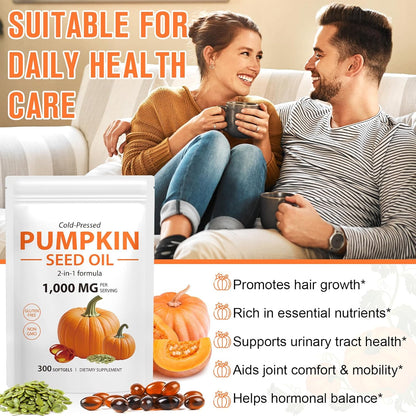 Pumpkin Seed Oil Capsules 300 Count, 2 in 1Pumpkin Seed Extract, Cold Pressed, Non-GMO, Essential Fatty Acids & Phytosterols for Hair Growth, Urinary, Bladder & Prostate Health