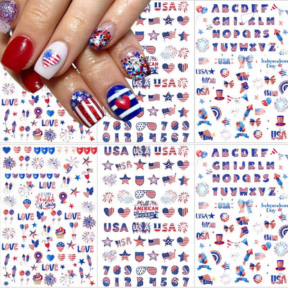 6 Sheets 4th of July Nail Stickers for Nail Art Independence Day Nail Decals 3D Self-Adhesive USA Flag Fireworks Letters Numbers Star Sticker Nail Designs Fourth of July Nails Decoration DIY for Women
