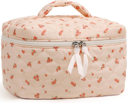 Prite Large Makeup Bag for Women Quilted Floral Cotton Cosmetic Bag Cute Coquette Aesthetic Floral Travel Toiletry Bag (Pink Flower)