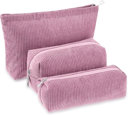 3 Pcs Makeup Bag Set for Women Corduroy Cosmetic Pouch Aesthetic Smile Travel Toiletry Bag Cute Purse Pouch Pencil Case Makeup Brushes Storage Organizer for Christmas(Rose Pink,Solid Style)