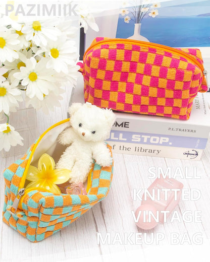 PAZIMIIK Checkered Makeup Bag for Purse Portable Zipper Make Up Pouch Small Cosmetic Case for Travel Accessories Orange Green