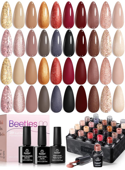 Beetles Gel Nail Polish Set - 20 Colors Warm Mist Fall Gel Nail Kit Burgundy Brown Nude Gold Glitter Gray Shimmer Soak Off Long Lasting with Base & Top Coat Home DIY Salon Nail Art Gift Set for Women