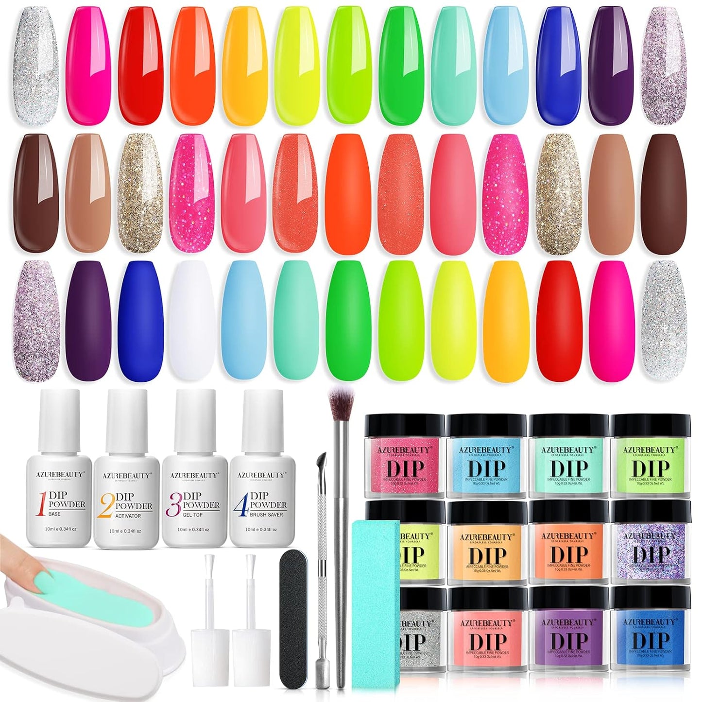AZUREBEAUTY 31 Pcs Dip Powder Nail Kit Starter, 20 Colors Neon Glitter Purple Blue Yellow Dipping Powder Liquid Set with Top/Base Coat Activator for French Nail Art Manicure DIY Salon Gifts for Women