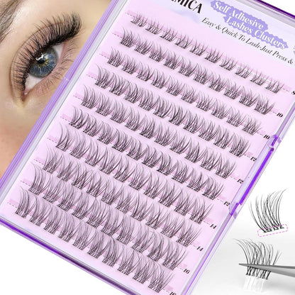 Yawamica Natural Self Adhesive Lash Clusters 10-16mm Reusable Press On Lashes No Glue Needed Eyelash Clusters Invisible Clear Band Pre Glued Cluster Lashes for Effortless Salon Eyelash Extension Look