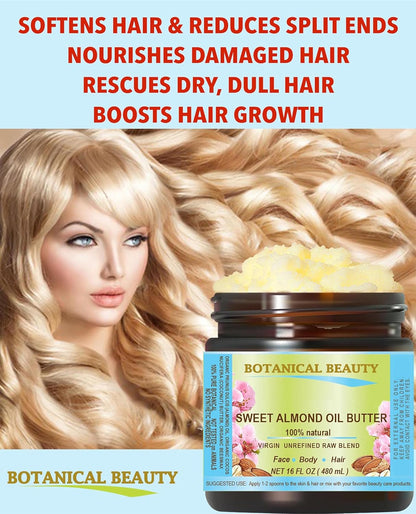 Botanical Beauty SWEET ALMOND OIL BUTTER Pure Natural Virgin Unrefined RAW for FACE, SKIN, BODY, DAMAGED HAIR, NAILS. (8 Fl Oz)