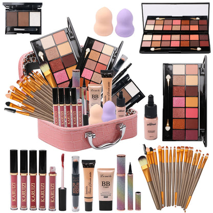 All in One Makeup Kit - 2X14 Eyeshadow Palette, Liquid Foundation, Eyeliner Pencils, Contouring Stick, 20pc Makeup Brushes (Pink)