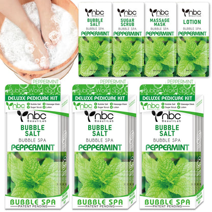 Pedicure Kit Foot Soak Set: Bubble Salt, Sugar Scrub, Massage Mask, Massage Lotion in a Box, 4 Step Foot Spa Kit for Dry Feet, Calluses and Tired Feet（3 Set Peppermint）
