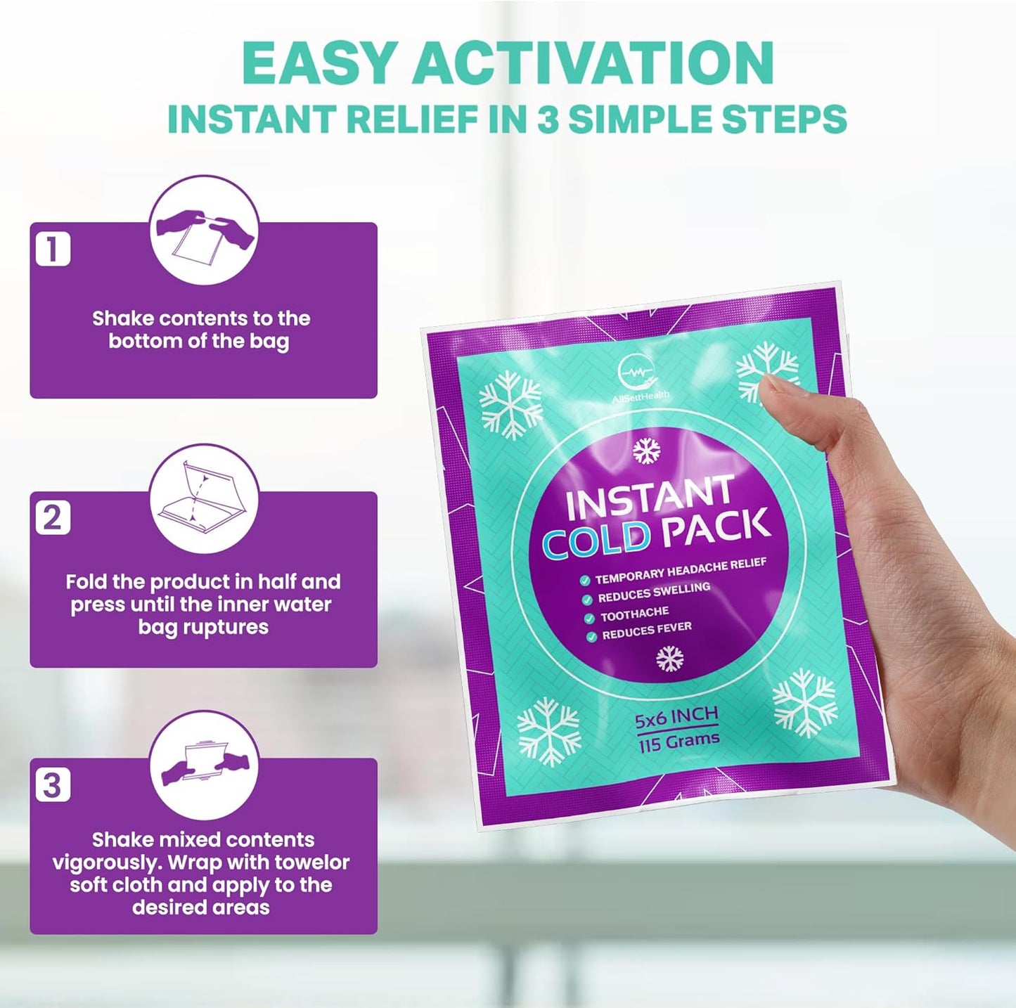 Disposable Instant Ice Cold Packs (6” x 5”) Bulk 100 Pack | Cold Compress Ice Pack for Pain Relief, First Aid & Outdoor