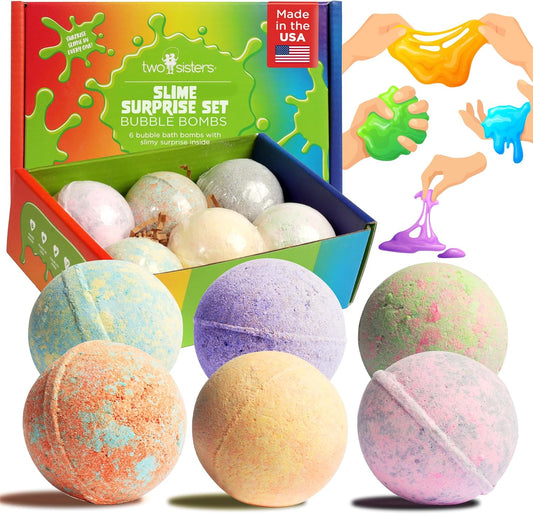 Bubble Bombs for Kids with Surprise Bath Slime Inside (6 Pack) - Colorful Sensory Toys Inside for Boys & Girls – Fizzes, Foams & Bubbles, Fruity Scents, Made in USA by Two Sisters