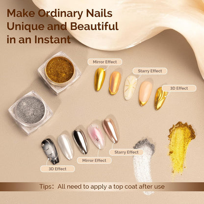 MelodySusie 2Pcs Chrome Nail Powder for Gel Nails,Metallic Mirror Effect Pigment Stylish and Technological Fine Glitter for Home DIY Salon Use