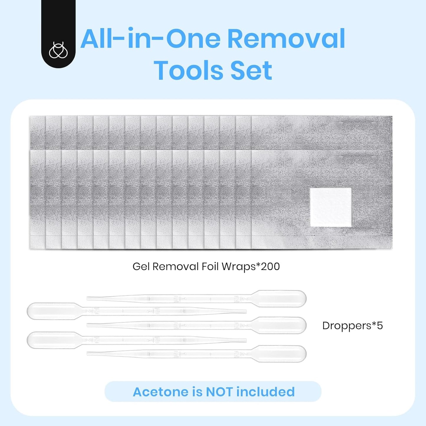 beetles Nail Remover Kit - 200Pcs Nail Soak Off Foil Wraps Gel Nail Polish Remover Tools Larger and Thicker Pre-attached Cotton Pad with Droppers, Easy Manicure Removal for Women Girls