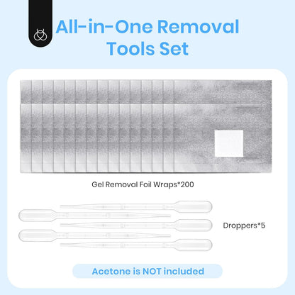 beetles Nail Remover Kit - 200Pcs Nail Soak Off Foil Wraps Gel Nail Polish Remover Tools Larger and Thicker Pre-attached Cotton Pad with Droppers, Easy Manicure Removal for Women Girls
